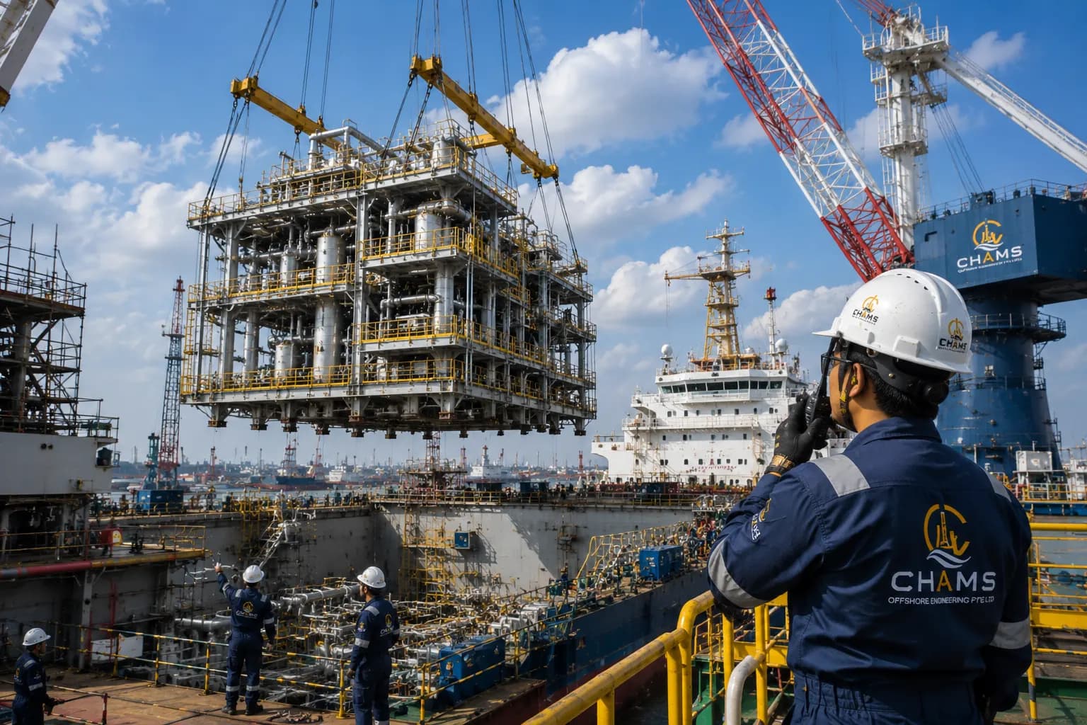 CHAMS Offshore team coordinating a module lift at the vessel yard